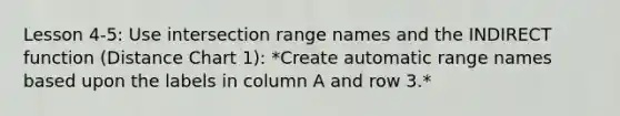 Lesson 4-5: Use intersection range names and the INDIRECT function (Distance Chart 1): *Create automatic range names based upon the labels in column A and row 3.*