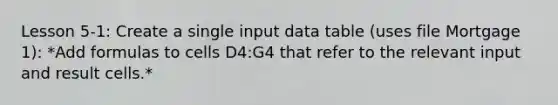 Lesson 5-1: Create a single input data table (uses file Mortgage 1): *Add formulas to cells D4:G4 that refer to the relevant input and result cells.*