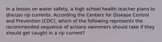 In a lesson on water safety, a high school health teacher plans to discuss rip currents. According the Centers for Disease Control and Prevention (CDC), which of the following represents the recommended sequence of actions swimmers should take if they should get caught in a rip current?