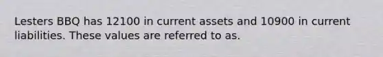 Lesters BBQ has 12100 in current assets and 10900 in current liabilities. These values are referred to as.