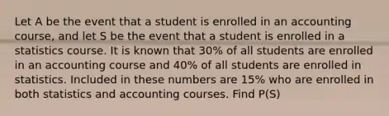 Let A be the event that a student is enrolled in an accounting course, and let S be the event that a student is enrolled in a statistics course. It is known that 30% of all students are enrolled in an accounting course and 40% of all students are enrolled in statistics. Included in these numbers are 15% who are enrolled in both statistics and accounting courses. Find P(S)