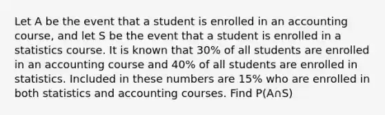 Let A be the event that a student is enrolled in an accounting course, and let S be the event that a student is enrolled in a statistics course. It is known that 30% of all students are enrolled in an accounting course and 40% of all students are enrolled in statistics. Included in these numbers are 15% who are enrolled in both statistics and accounting courses. Find P(A∩S)