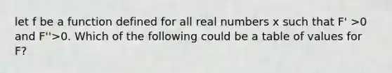 let f be a function defined for all real numbers x such that F' >0 and F''>0. Which of the following could be a table of values for F?