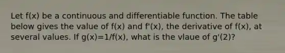 Let f(x) be a continuous and differentiable function. The table below gives the value of f(x) and f'(x), the derivative of f(x), at several values. If g(x)=1/f(x), what is the vlaue of g'(2)?