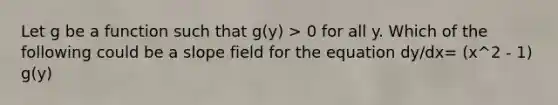 Let g be a function such that g(y) > 0 for all y. Which of the following could be a slope field for the equation dy/dx= (x^2 - 1) g(y)