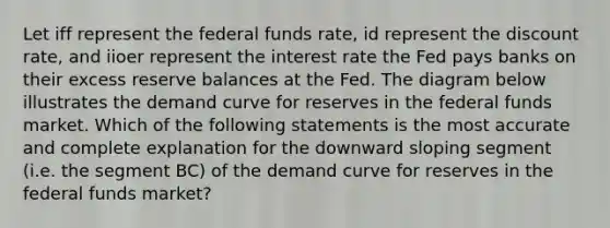 Let iff represent the federal funds rate, id represent the discount rate, and iioer represent the interest rate the Fed pays banks on their excess reserve balances at the Fed. The diagram below illustrates the demand curve for reserves in the federal funds market. Which of the following statements is the most accurate and complete explanation for the downward sloping segment (i.e. the segment BC) of the demand curve for reserves in the federal funds market?