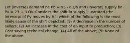 Let (inverse) demand be Pb = 93 - 6 Qb and (inverse) supply be Pv = 23 + 3 Qv. Consider the shift in supply illustrated (the intercept of Pv moves by 6 ), which of the following is the most likely cause of the shift depicted: (1) A decrease in the number of sellers; (2) An increase in the cost of an input to production; (3) Cost saving technical change; (4) All of the above; (5) None of the above.