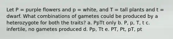 Let P = purple flowers and p = white, and T = tall plants and t = dwarf. What combinations of gametes could be produced by a heterozygote for both the traits? a. PpTt only b. P, p, T, t c. infertile, no gametes produced d. Pp, Tt e. PT, Pt, pT, pt