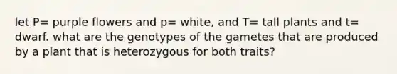 let P= purple flowers and p= white, and T= tall plants and t= dwarf. what are the genotypes of the gametes that are produced by a plant that is heterozygous for both traits?