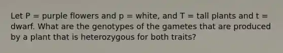 Let P = purple flowers and p = white, and T = tall plants and t = dwarf. What are the genotypes of the gametes that are produced by a plant that is heterozygous for both traits?