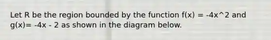Let R be the region bounded by the function f(x) = -4x^2 and g(x)= -4x - 2 as shown in the diagram below.