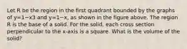 Let R be the region in the first quadrant bounded by the graphs of y=1−x3 and y=1−x, as shown in the figure above. The region R is the base of a solid. For the solid, each cross section perpendicular to the x-axis is a square. What is the volume of the solid?