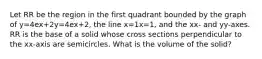 Let RR be the region in the first quadrant bounded by the graph of y=4ex+2y=4ex+2, the line x=1x=1, and the xx- and yy-axes. RR is the base of a solid whose cross sections perpendicular to the xx-axis are semicircles. What is the volume of the solid?