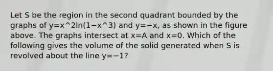 Let S be the region in the second quadrant bounded by the graphs of y=x^2ln(1−x^3) and y=−x, as shown in the figure above. The graphs intersect at x=A and x=0. Which of the following gives the volume of the solid generated when S is revolved about the line y=−1?