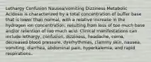 Lethargy Confusion Nausea/vomiting Dizziness Metabolic Acidosis is characterized by a total concentration of buffer base that is lower than normal, with a relative increase in the hydrogen ion concentration, resulting from loss of too much base and/or retention of too much acid. Clinical manifestations can include lethargy, confusion, dizziness, headache, coma, decreased blood pressure, dysrhythmias, clammy skin, nausea, vomiting, diarrhea, abdominal pain, hyperkalemia, and rapid respirations.