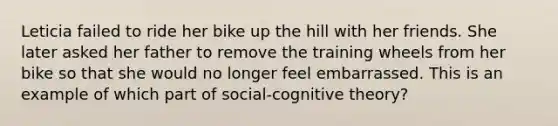 Leticia failed to ride her bike up the hill with her friends. She later asked her father to remove the training wheels from her bike so that she would no longer feel embarrassed. This is an example of which part of social-cognitive theory?