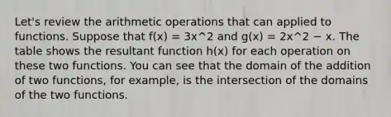 Let's review the arithmetic operations that can applied to functions. Suppose that f(x) = 3x^2 and g(x) = 2x^2 − x. The table shows the resultant function h(x) for each operation on these two functions. You can see that the domain of the addition of two functions, for example, is the intersection of the domains of the two functions.