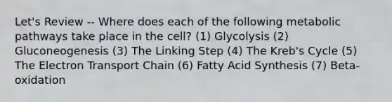 Let's Review -- Where does each of the following metabolic pathways take place in the cell? (1) Glycolysis (2) Gluconeogenesis (3) The Linking Step (4) The Kreb's Cycle (5) The Electron Transport Chain (6) Fatty Acid Synthesis (7) Beta-oxidation