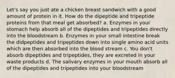 Let's say you just ate a chicken breast sandwich with a good amount of protein in it. How do the dipeptide and tripeptide proteins from that meal get absorbed? a. Enzymes in your stomach help absorb all of the dipeptides and tripeptides directly into the bloodstream b. Enzymes in your small intestine break the didpeptides and tripeptides down into single amino acid units which are then absorbed into the blood stream c. You don't absorb dipeptides and tripeptides, they are excreted in your waste products d. The salivary enzymes in your mouth absorb all of the dipeptides and tripeptides into your bloodstream