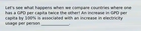Let's see what happens when we compare countries where one has a GPD per capita twice the other! An increase in GPD per capita by 100% is associated with an increase in electricity usage per person ______________.