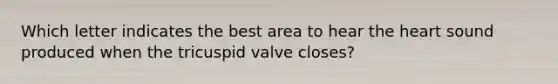 Which letter indicates the best area to hear the heart sound produced when the tricuspid valve closes?