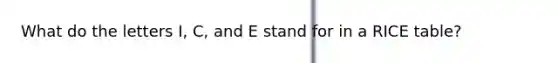 What do the letters I, C, and E stand for in a RICE table?