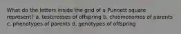 What do the letters inside the grid of a Punnett square represent? a. testcrosses of offspring b. chromosomes of parents c. phenotypes of parents d. genotypes of offspring