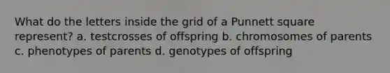 What do the letters inside the grid of a Punnett square represent? a. testcrosses of offspring b. chromosomes of parents c. phenotypes of parents d. genotypes of offspring