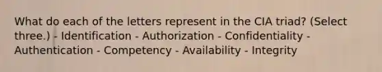 What do each of the letters represent in the CIA triad? (Select three.) - Identification - Authorization - Confidentiality - Authentication - Competency - Availability - Integrity