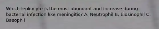 Which leukocyte is the most abundant and increase during bacterial infection like meningitis? A. Neutrophil B. Eiosinophil C. Basophil