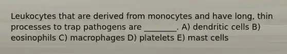 Leukocytes that are derived from monocytes and have long, thin processes to trap pathogens are ________. A) dendritic cells B) eosinophils C) macrophages D) platelets E) mast cells