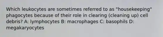 Which leukocytes are sometimes referred to as "housekeeping" phagocytes because of their role in clearing (cleaning up) cell debris? A: lymphocytes B: macrophages C: basophils D: megakaryocytes