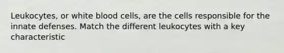 Leukocytes, or white blood cells, are the cells responsible for the innate defenses. Match the different leukocytes with a key characteristic