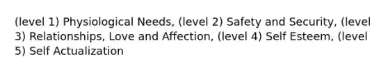 (level 1) Physiological Needs, (level 2) Safety and Security, (level 3) Relationships, Love and Affection, (level 4) Self Esteem, (level 5) Self Actualization