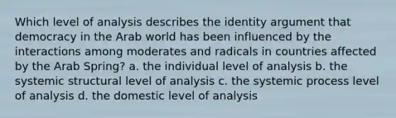 Which level of analysis describes the identity argument that democracy in the Arab world has been influenced by the interactions among moderates and radicals in countries affected by the Arab Spring? a. the individual level of analysis b. the systemic structural level of analysis c. the systemic process level of analysis d. the domestic level of analysis