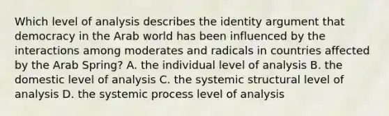 Which level of analysis describes the identity argument that democracy in the Arab world has been influenced by the interactions among moderates and radicals in countries affected by the Arab Spring? A. the individual level of analysis B. the domestic level of analysis C. the systemic structural level of analysis D. the systemic process level of analysis