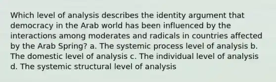 Which level of analysis describes the identity argument that democracy in the Arab world has been influenced by the interactions among moderates and radicals in countries affected by the Arab Spring? a. The systemic process level of analysis b. The domestic level of analysis c. The individual level of analysis d. The systemic structural level of analysis