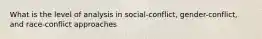 What is the level of analysis in social-conflict, gender-conflict, and race-conflict approaches