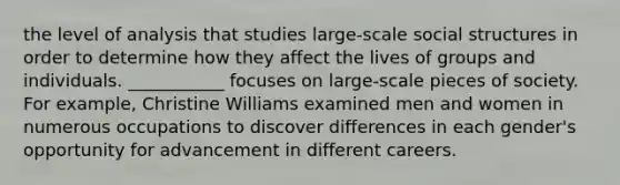 the level of analysis that studies large-scale social structures in order to determine how they affect the lives of groups and individuals. ___________ focuses on large-scale pieces of society. For example, Christine Williams examined men and women in numerous occupations to discover differences in each gender's opportunity for advancement in different careers.