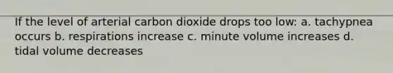 If the level of arterial carbon dioxide drops too low: a. tachypnea occurs b. respirations increase c. minute volume increases d. tidal volume decreases