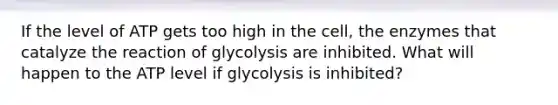 If the level of ATP gets too high in the cell, the enzymes that catalyze the reaction of glycolysis are inhibited. What will happen to the ATP level if glycolysis is inhibited?