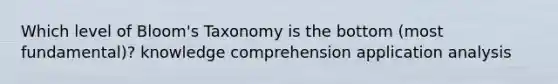 Which level of Bloom's Taxonomy is the bottom (most fundamental)? knowledge comprehension application analysis