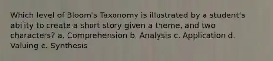 Which level of Bloom's Taxonomy is illustrated by a student's ability to create a short story given a theme, and two characters? a. Comprehension b. Analysis c. Application d. Valuing e. Synthesis