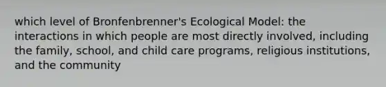 which level of Bronfenbrenner's Ecological Model: the interactions in which people are most directly involved, including the family, school, and child care programs, religious institutions, and the community