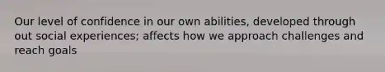 Our level of confidence in our own abilities, developed through out social experiences; affects how we approach challenges and reach goals