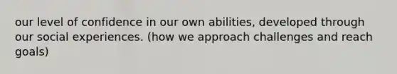 our level of confidence in our own abilities, developed through our social experiences. (how we approach challenges and reach goals)