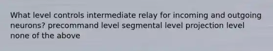 What level controls intermediate relay for incoming and outgoing neurons? precommand level segmental level projection level none of the above