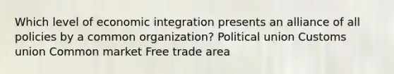 Which level of economic integration presents an alliance of all policies by a common organization? Political union Customs union Common market Free trade area