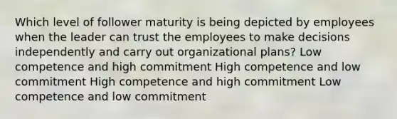 Which level of follower maturity is being depicted by employees when the leader can trust the employees to make decisions independently and carry out organizational plans? Low competence and high commitment High competence and low commitment High competence and high commitment Low competence and low commitment