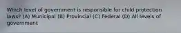 Which level of government is responsible for child protection laws? (A) Municipal (B) Provincial (C) Federal (D) All levels of government